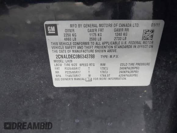 2011 Chevrolet Equinox 1LT с VIN 2CNALDEC0B6343788, выставлен на аукционе IAAI как лот 43521573 с пробегом 168 083 миль миль и . История ставок и продаж доступна на DreamBid. Изображение 9.