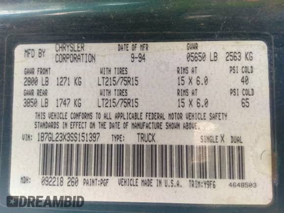 1995 Dodge Dakota с VIN 1B7GL23X3SS151397, выставлен на аукционе IAAI как лот 42672316 с пробегом 166 791 миль миль и . История ставок и продаж доступна на DreamBid. Изображение 9.