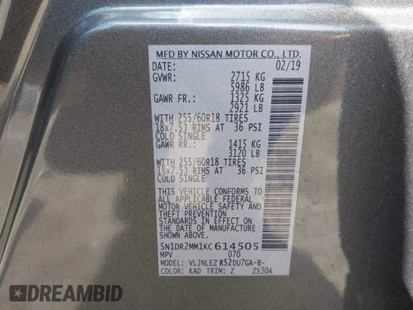 ✅ 2019 Nissan Pathfinder S • VIN: 5N1DR2MM1KC614505 • Lot: 42204321. Listed on IAAI with 96,585 mi. Free auction sales archive from the USA and detailed vehicle history report at DreamBid. Image 9.