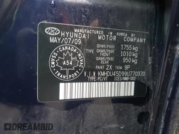 ✅ 2009 Hyundai Elantra GLS • VIN: KMHDU45D99U770370 • Lot: 90866945. Listed on Copart with 234,813 mi. Free auction sales archive from the USA and detailed vehicle history report at DreamBid. Image 12.