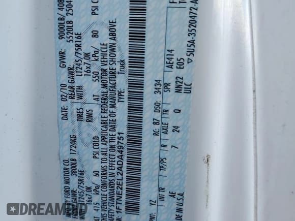 ✅ 2010 Ford Econoline Cargo Commercial • VIN: 1FTNE2EL2ADA49751 • Lot: 70963395. Listed on Copart with 763,722 mi. Free auction sales archive from the USA and detailed vehicle history report at DreamBid. Image 13.