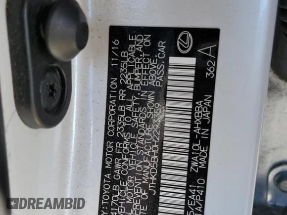 ✅ 2017 Lexus CT 200h • VIN: JTHKD5BH0H2293359 • Lot: 86142865. Listed on Copart with 81,997 mi. Free auction sales archive from the USA and detailed vehicle history report at DreamBid. Image 12.