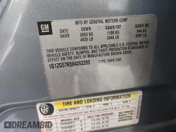 ✅ 2009 Chevrolet Malibu 1FL • VIN: 1G1ZG57K594262280 • Lot: 82253775. Listed on Copart with 175,607 mi. Free auction sales archive from the USA and detailed vehicle history report at DreamBid. Image 12.