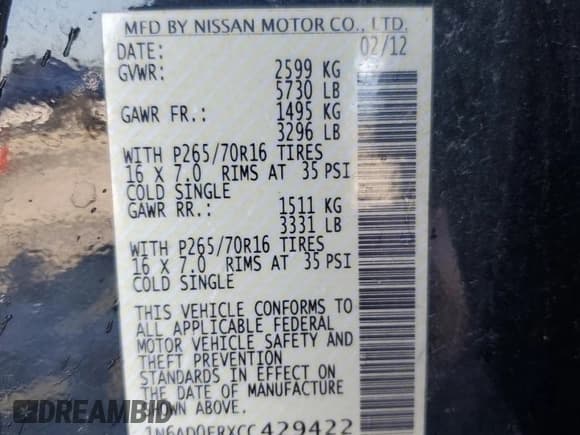 ✅ 2012 Nissan Frontier SV • VIN: 1N6AD0ERXCC429422 • Lot: 54688315. Listed on Copart with 167,231 mi. Free auction sales archive from the USA and detailed vehicle history report at DreamBid. Image 12.