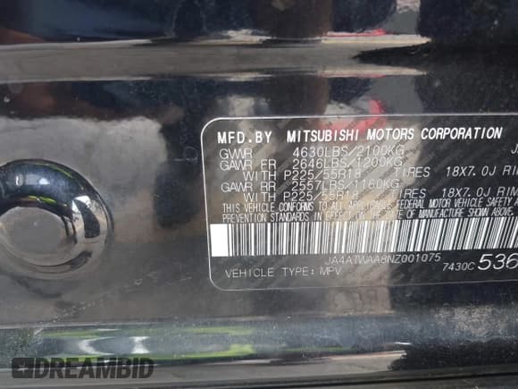 ✅ 2022 Mitsubishi Eclipse Cross SE • VIN: JA4ATWAA8NZ001075 • Lot: 43095783. Listed on IAAI with 142,846 mi. Free auction sales archive from the USA and detailed vehicle history report at DreamBid. Image 9.