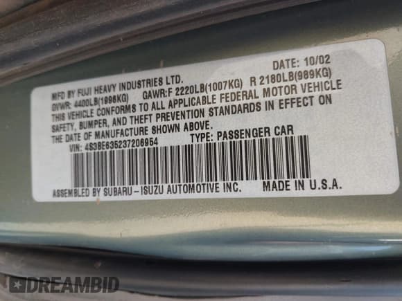 ✅ 2003 Subaru Legacy L • VIN: 4S3BE635237206954 • Лот: 42793461. Опубликован ранее на IAAI с пробегом 240 360 миль. Бесплатный доступ к архиву аукционных продаж из США и подробный отчёт об истории автомобиля на DreamBid. Изображение 9.