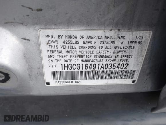 ✅ 2001 Honda Accord LX • VIN: 1HGCG16491A035402 • Лот: 41325416. Опубликован ранее на IAAI с пробегом 218 566 миль. Бесплатный доступ к архиву аукционных продаж из США и подробный отчёт об истории автомобиля на DreamBid. Изображение 9.