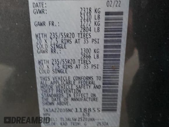 ✅ 2022 Nissan Murano Platinum • VIN: 5N1AZ2DJ6NC118855 • Лот: 85992424. Опубликован ранее на Copart с пробегом 44 788 миль. Бесплатный доступ к архиву аукционных продаж из США и подробный отчёт об истории автомобиля на DreamBid. Изображение 13.