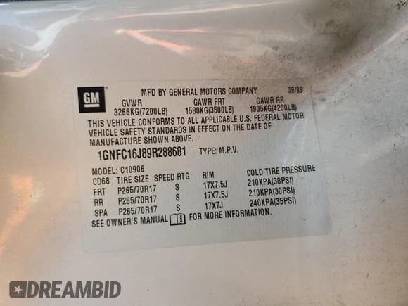 ✅ 2009 Chevrolet Suburban LS • VIN: 1GNFC16J89R288681 • Лот: 48632505. Опубликован ранее на Copart с пробегом 115 956 миль. Бесплатный доступ к архиву аукционных продаж из США и подробный отчёт об истории автомобиля на DreamBid. Изображение 13.
