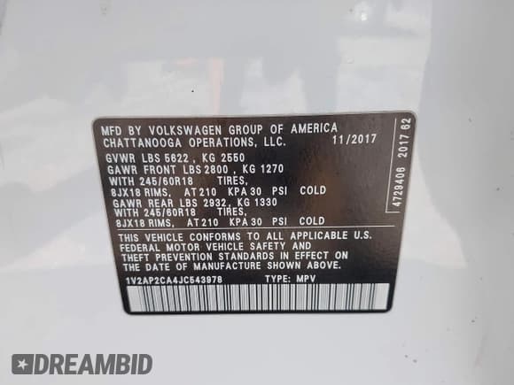 ✅ 2018 Volkswagen Atlas S • VIN: 1V2AP2CA4JC543978 • Lot: 42567307. Listed on IAAI with 75,570 mi. Free auction sales archive from the USA and detailed vehicle history report at DreamBid. Image 9.