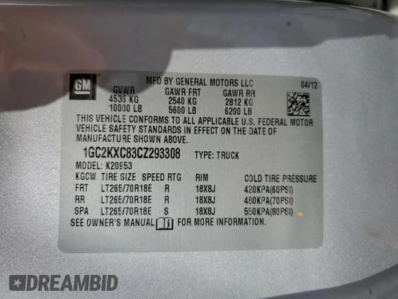 ✅ 2012 Chevrolet Silverado 2500HD LT • VIN: 1GC2KXC83CZ293308 • Lot: 94294085. Listed on Copart with 172,171 mi. Free auction sales archive from the USA and detailed vehicle history report at DreamBid. Image 12.