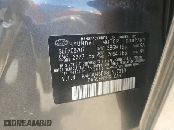 2008 Hyundai Elantra GLS z VIN KMHDU46DX8U317310, wystawiony jako Copart lot #69390604 z przebiegiem 160 969 mil mil oraz Szkoda całkowita • Salvage title. Historia ofert i sprzedaży dostępna na DreamBid. Obrazek 12.