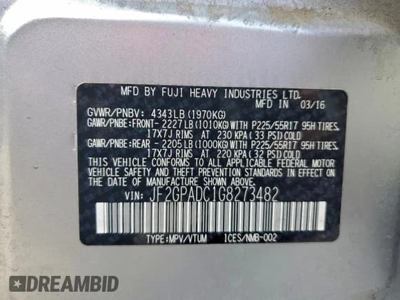 ✅ 2016 Subaru Crosstrek Premium • VIN: JF2GPADC1G8273482 • Lot: 94979685. Listed on Copart with 47,677 mi. Free auction sales archive from the USA and detailed vehicle history report at DreamBid. Image 13.