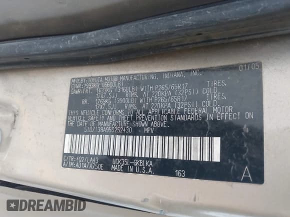 ✅ 2005 Toyota Sequoia Limited • VIN: 5TDZT38A95S252430 • Лот: 43387218. Опубликован ранее на IAAI с пробегом 161 113 миль. Бесплатный доступ к архиву аукционных продаж из США и подробный отчёт об истории автомобиля на DreamBid. Изображение 9.