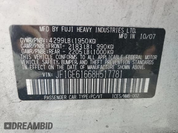 ✅ 2008 Subaru Impreza i • VIN: JF1GE61668H517781 • Lot: 80518295. Listed on Copart with 185,969 mi. Free auction sales archive from the USA and detailed vehicle history report at DreamBid. Image 12.