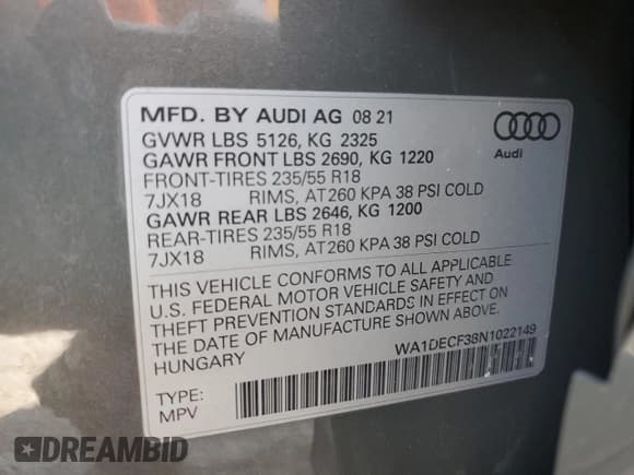 ✅ 2022 Audi Q3 S line Premium • VIN: WA1DECF38N1022149 • Lot: 81233035. Listed on Copart with 10,138 mi. Free auction sales archive from the USA and detailed vehicle history report at DreamBid. Image 14.