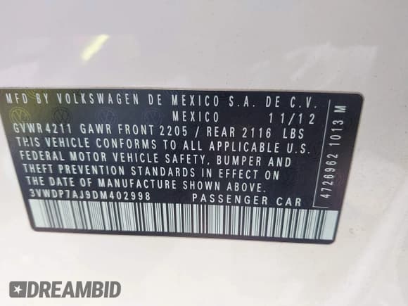 ✅ 2013 Volkswagen Jetta SE • VIN: 3VWDP7AJ9DM402998 • Lot: 42199844. Listed on IAAI with 165,644 mi. Free auction sales archive from the USA and detailed vehicle history report at DreamBid. Image 9.