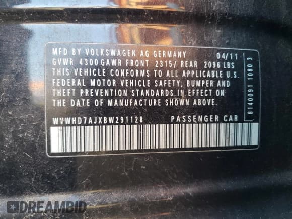 ✅ 2011 Volkswagen Golf GTI w/Sunroof PZEV • VIN: WVWHD7AJXBW291128 • Lot: 75254834. Listed on Copart with 143,944 mi. Free auction sales archive from the USA and detailed vehicle history report at DreamBid. Image 14.