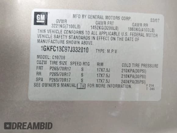 ✅ 2007 GMC Yukon SLE 3SA • VIN: 1GKFC13C97J332010 • Lot: 42862635. Wystawiony na IAAI z przebiegiem 234 604 mil. Bezpłatny archiwum sprzedaży aukcyjnych z USA i szczegółowy raport historii pojazdu na DreamBid. Zdjęcie 9.