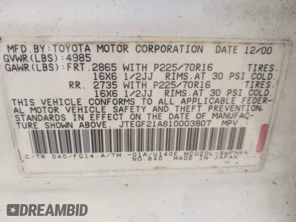 2001 Toyota Highlander с VIN JTEGF21A810003807, выставлен на аукционе IAAI как лот 42442802 с пробегом 262 339 миль миль и . История ставок и продаж доступна на DreamBid. Изображение 9.