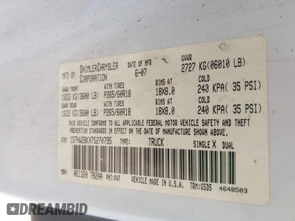 ✅ 2007 Dodge Dakota ST • VIN: 1D7HW28KX7S270795 • Лот: 42452595. Опубликован ранее на IAAI с пробегом 206 775 миль. Бесплатный доступ к архиву аукционных продаж из США и подробный отчёт об истории автомобиля на DreamBid. Изображение 9.