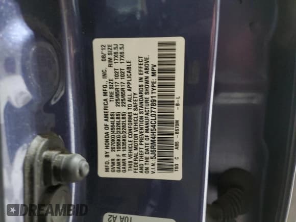 ✅ 2012 Honda CR-V EX • VIN: 5J6RM4H54CL077891 • Lot: 93037175. Listed on Copart with 154,451 mi. Free auction sales archive from the USA and detailed vehicle history report at DreamBid. Image 14.