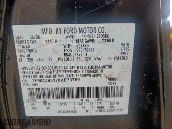 ✅ 2008 Ford Escape XLT • VIN: 1FMCU93178KE73769 • Lot: 93609365. Listed on Copart with 116,296 mi. Free auction sales archive from the USA and detailed vehicle history report at DreamBid. Image 13.