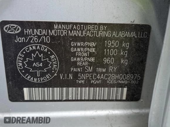 ✅ 2011 Hyundai Sonata Limited • VIN: 5NPEC4AC2BH008975 • Lot: 85878715. Listed on Copart with 292,402 mi. Free auction sales archive from the USA and detailed vehicle history report at DreamBid. Image 13.