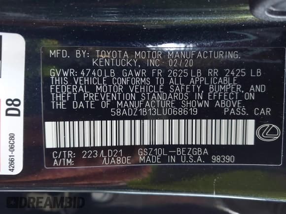 ✅ 2020 Lexus ES 350 • VIN: 58ADZ1B13LU068619 • Lot: 43244623. Listed on IAAI with 51,025 mi. Free auction sales archive from the USA and detailed vehicle history report at DreamBid. Image 9.