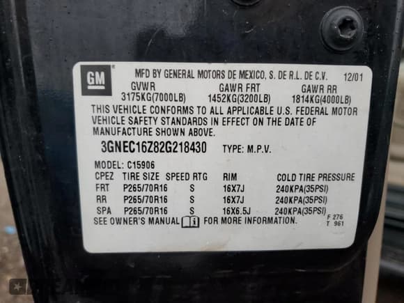 ✅ 2002 Chevrolet Suburban LT • VIN: 3GNEC16Z82G218430 • Лот: 88274275. Опубликован ранее на Copart с пробегом 308 999 миль. Бесплатный доступ к архиву аукционных продаж из США и подробный отчёт об истории автомобиля на DreamBid. Изображение 13.