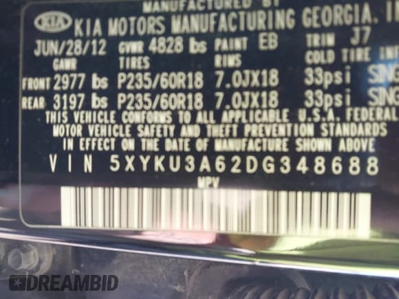 ✅ 2013 Kia Sorento EX • VIN: 5XYKU3A62DG348688 • Lot: 42216843. Listed on IAAI with 231,471 mi. Free auction sales archive from the USA and detailed vehicle history report at DreamBid. Image 9.