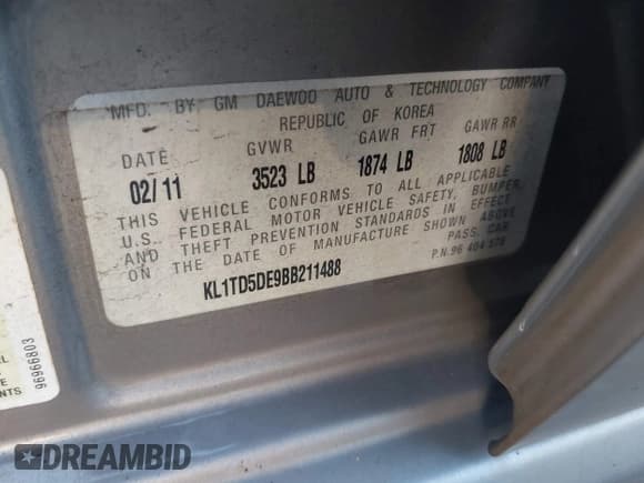 ✅ 2011 Chevrolet Aveo 1LT • VIN: KL1TD5DE9BB211488 • Lot: 42582568. Wystawiony na IAAI z przebiegiem 224 931 mil. Bezpłatny archiwum sprzedaży aukcyjnych z USA i szczegółowy raport historii pojazdu na DreamBid. Zdjęcie 9.