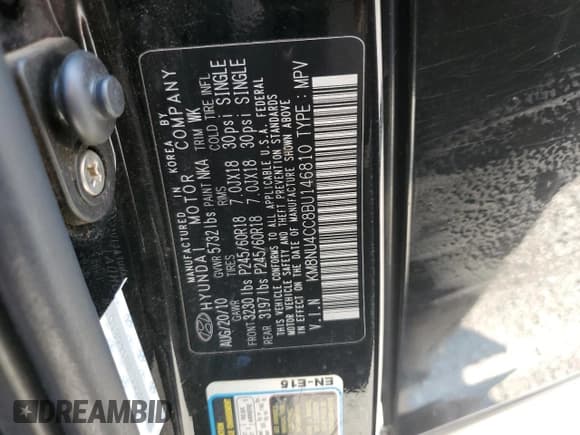 ✅ 2011 Hyundai Veracruz Limited • VIN: KM8NU4CC8BU146810 • Lot: 80699475. Listed on Copart with Not provided. Free auction sales archive from the USA and detailed vehicle history report at DreamBid. Image 14.