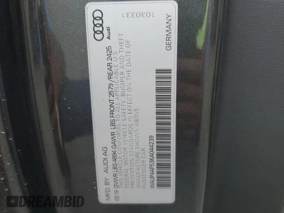 ✅ 2019 Audi S5 Premium Plus • VIN: WAUP4AF53KA044239 • Lot: 61853995. Listed on Copart with Not provided. Free auction sales archive from the USA and detailed vehicle history report at DreamBid. Image 12.