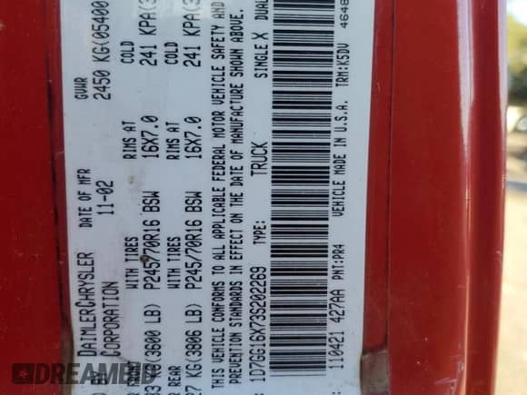 2003 Dodge Dakota with VIN 1D7GG16X73S202269, listed as a Copart auction lot 81954304 with Not provided miles and Salvage title. Bid and sale history available at DreamBid. Image 12.
