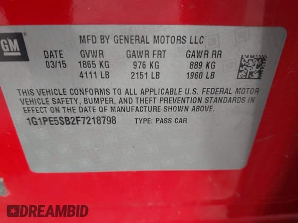 ✅ 2015 Chevrolet Cruze LT • VIN: 1G1PE5SB2F7218798 • Lot: 43646134. Listed on IAAI with Not provided. Free auction sales archive from the USA and detailed vehicle history report at DreamBid. Image 9.