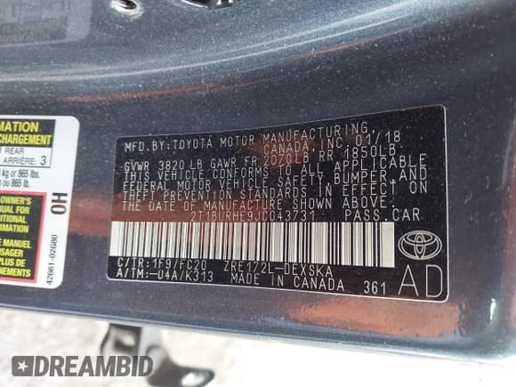 ✅ 2018 Toyota Corolla LE • VIN: 2T1BURHE9JC043731 • Lot: 43547914. Listed on IAAI with 131,991 mi. Free auction sales archive from the USA and detailed vehicle history report at DreamBid. Image 9.