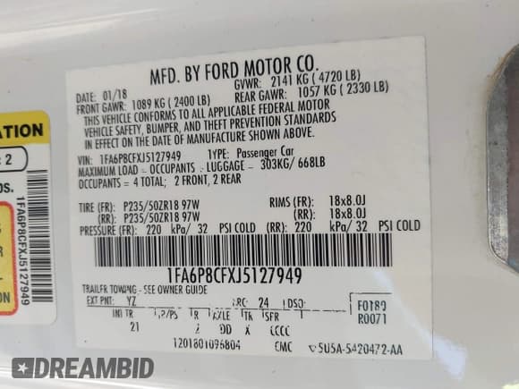 ✅ 2018 Ford Mustang GT Premium • VIN: 1FA6P8CFXJ5127949 • Lot: 43594217. Listed on IAAI with 45,097 mi. Free auction sales archive from the USA and detailed vehicle history report at DreamBid. Image 9.