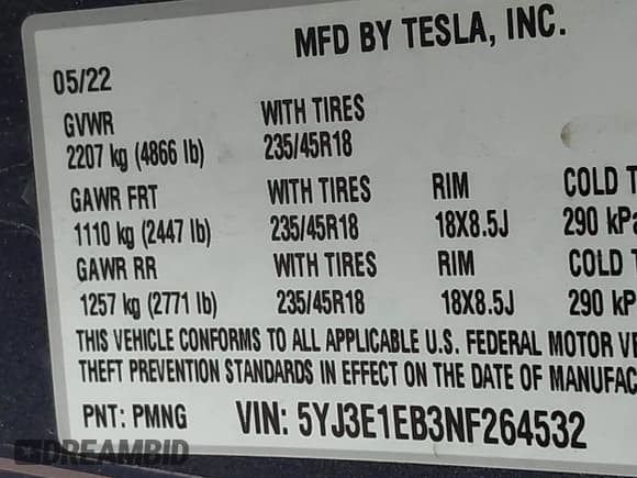 ✅ 2022 Tesla Model 3 Long Range • VIN: 5YJ3E1EB3NF264532 • Lot: 41842044. Wystawiony na IAAI z przebiegiem 42 280 mil. Bezpłatny archiwum sprzedaży aukcyjnych z USA i szczegółowy raport historii pojazdu na DreamBid. Zdjęcie 9.