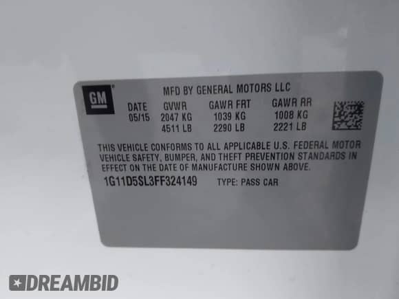 2015 Chevrolet Malibu LT z VIN 1G11D5SL3FF324149, wystawiony jako IAAI lot #43469159 z przebiegiem 164 457 mil mil oraz . Historia ofert i sprzedaży dostępna na DreamBid. Obrazek 9.