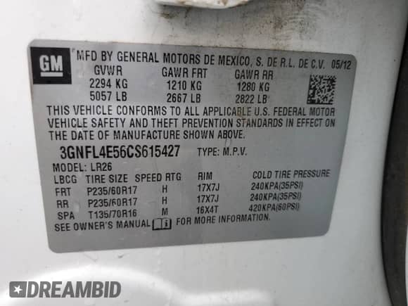 2012 Chevrolet Captiva Sport LTZ z VIN 3GNFL4E56CS615427, wystawiony jako Copart lot #79405174 z przebiegiem 112 723 mil mil oraz Szkoda całkowita • Salvage title. Historia ofert i sprzedaży dostępna na DreamBid. Obrazek 14.