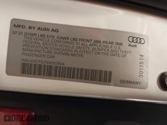 ✅ 2022 Audi S5 Sportback Premium • VIN: WAUA4CF52NA002604 • Lot: 41734841. Listed on IAAI with 25,943 mi. Free auction sales archive from the USA and detailed vehicle history report at DreamBid. Image 9.