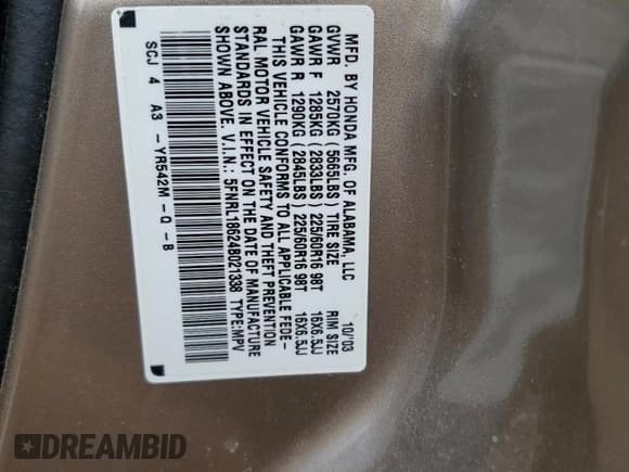 ✅ 2004 Honda Odyssey EX • VIN: 5FNRL18624B021338 • Lot: 72124264. Listed on Copart with 168,019 mi. Free auction sales archive from the USA and detailed vehicle history report at DreamBid. Image 13.