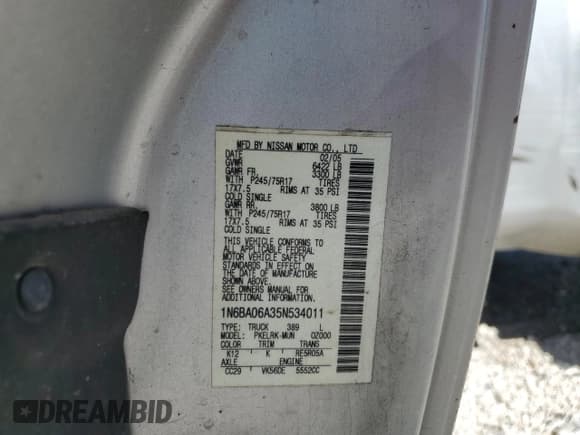 ✅ 2005 Nissan Titan XE • VIN: 1N6BA06A35N534011 • Lot: 58052325. Listed on Copart with 172,513 mi. Free auction sales archive from the USA and detailed vehicle history report at DreamBid. Image 12.