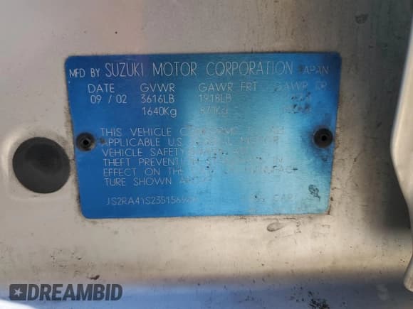 ✅ 2003 Suzuki Aerio S • VIN: JS2RA41S235156968 • Lot: 46705225. Wystawiony na Copart z przebiegiem 92 162 mil. Bezpłatny archiwum sprzedaży aukcyjnych z USA i szczegółowy raport historii pojazdu na DreamBid. Zdjęcie 12.