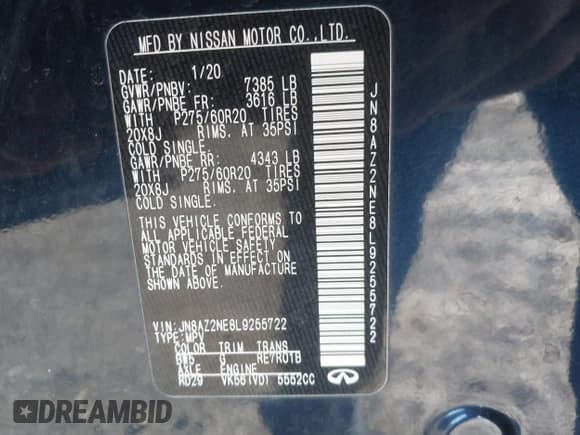 ✅ 2020 Infiniti QX80 Luxe • VIN: JN8AZ2NE8L9255722 • Lot: 40978347. Wystawiony na IAAI z przebiegiem 113 638 mil. Bezpłatny archiwum sprzedaży aukcyjnych z USA i szczegółowy raport historii pojazdu na DreamBid. Zdjęcie 8.