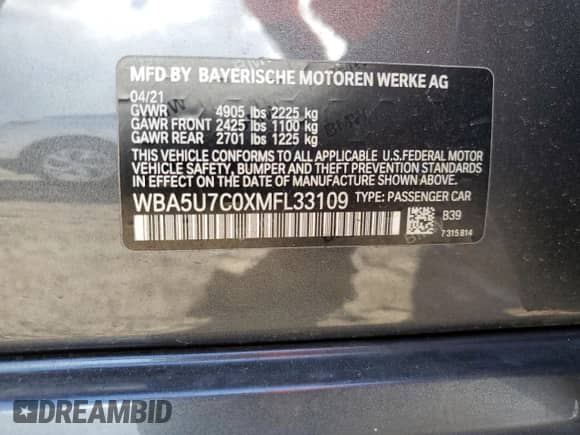 2021 BMW 3 Series M340i with VIN WBA5U7C0XMFL33109, listed as a Copart auction lot 80183354 with Not provided miles and Salvage title. Bid and sale history available at DreamBid. Image 13.