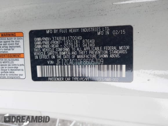 ✅ 2015 Subaru BRZ Limited • VIN: JF1ZCAC10F8605709 • Lot: 42207549. Listed on IAAI with 99,710 mi. Free auction sales archive from the USA and detailed vehicle history report at DreamBid. Image 9.