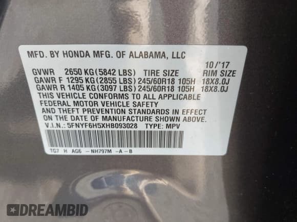 ✅ 2017 Honda Pilot EX-L • VIN: 5FNYF6H5XHB093028 • Lot: 42452779. Listed on IAAI with 134,559 mi. Free auction sales archive from the USA and detailed vehicle history report at DreamBid. Image 9.