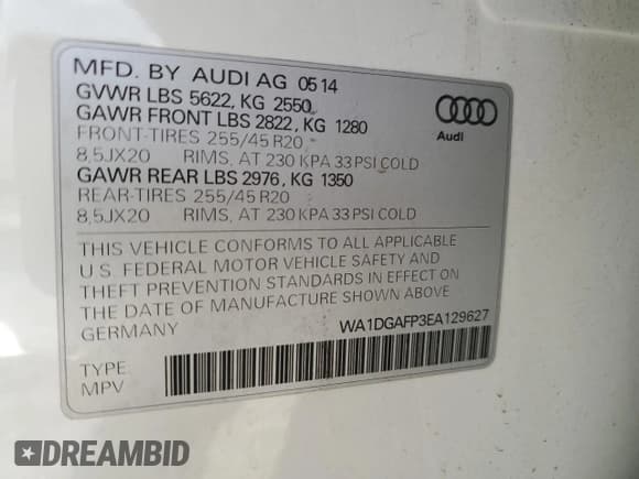 ✅ 2014 Audi Q5 Premium Plus • VIN: WA1DGAFP3EA129627 • Lot: 70332435. Wystawiony na Copart z przebiegiem 67 995 mil. Bezpłatny archiwum sprzedaży aukcyjnych z USA i szczegółowy raport historii pojazdu na DreamBid. Zdjęcie 12.
